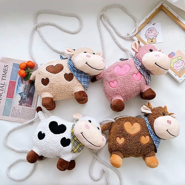 Cartoon cute plush cow shoulder bag messenger bag children's coin purse plush toy girl girlfriends child children's gift