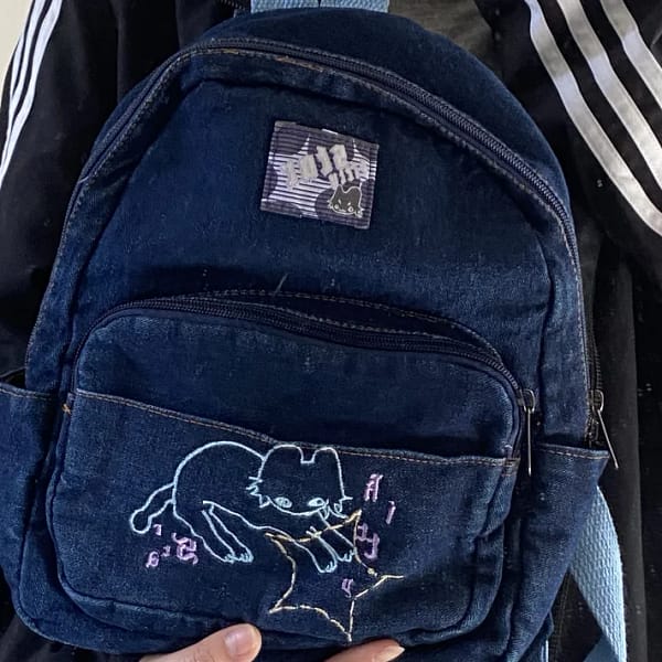 Japanese Simple Kawaii Cat Backpack Denim Handbag Shoulder Bags Large Capacity Student Schoolbag Cute Women Backpack - Image 3