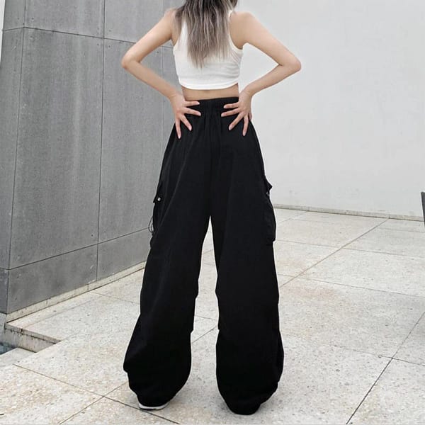 Cargo Pants Women Y2k Wide Leg Multi-Pocketed Baggy Trousers Streetwear Solid Color Drawstring Parachute Pants Pantalones - Image 4