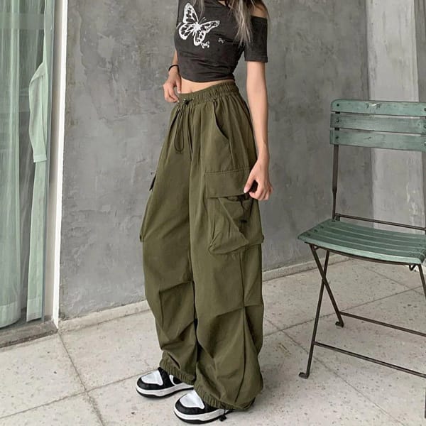 Cargo Pants Women Y2k Wide Leg Multi-Pocketed Baggy Trousers Streetwear Solid Color Drawstring Parachute Pants Pantalones - Image 3