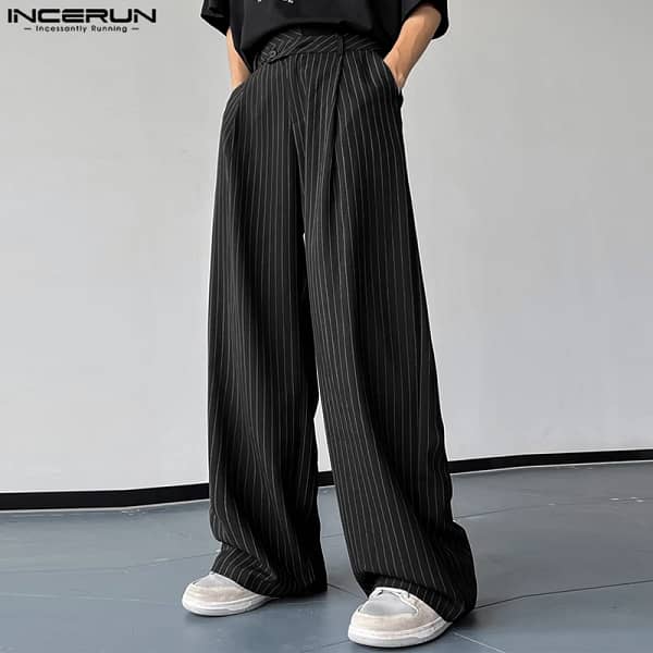 INCERUN 2023 Korean Style New Men Trousers Fashion High Waist Stripe Long Pants Casual Streetwear Male Straight Pantalons S-5XL