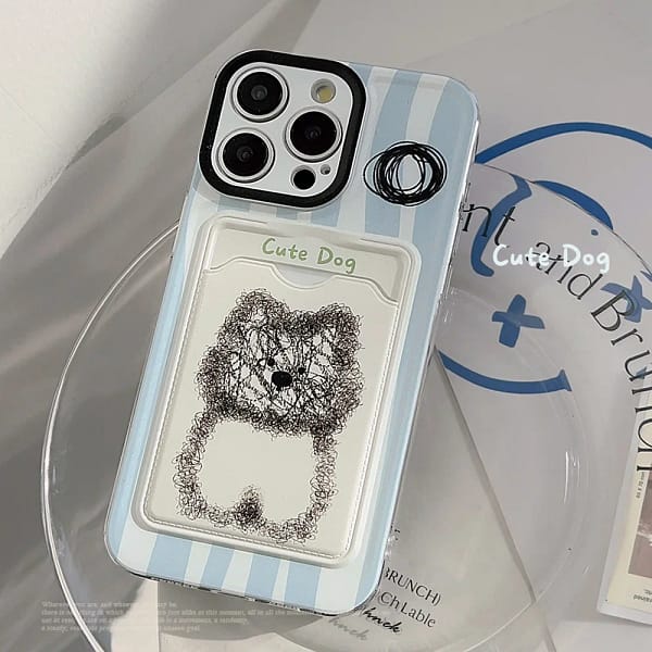 Cartoon Graffiti Dog Blue Line Insert Card Card Pocket Phone Cover Case For iPhone 15 14 13 12 11 Pro Max 7 8 Plus Xs max XR X