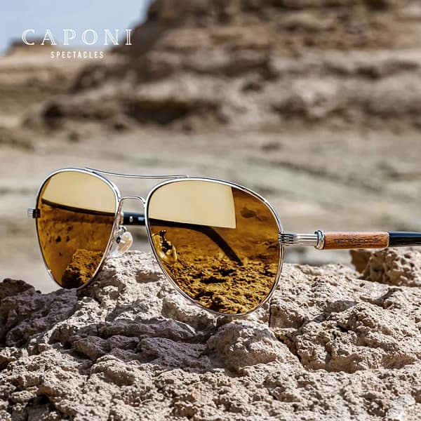 CAPONI Night Vision Men Sunglasses Photochromic Brown Wooden Legs Pilot Driving Eye Glasses For Male UV Protect BSYS409