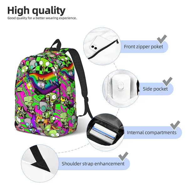 Invader Cartoon Zims Gir Dib Green Dib Robot Backpack Men Women High School Hiking Travel Daypack College Shoulder Bag Durable - Image 4