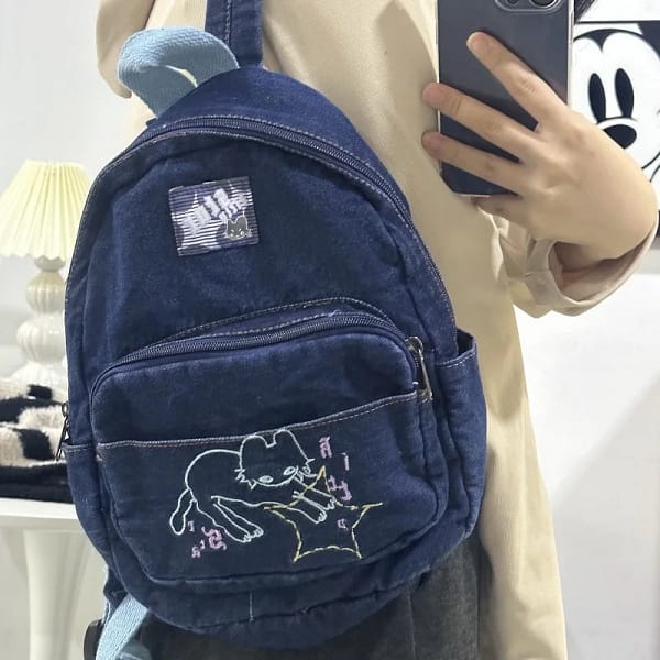 Japanese Simple Kawaii Cat Backpack Denim Handbag Shoulder Bags Large Capacity Student Schoolbag Cute Women Backpack - Image 4