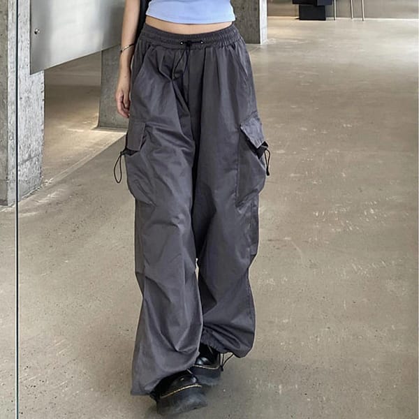 Cargo Pants Women Y2k Wide Leg Multi-Pocketed Baggy Trousers Streetwear Solid Color Drawstring Parachute Pants Pantalones