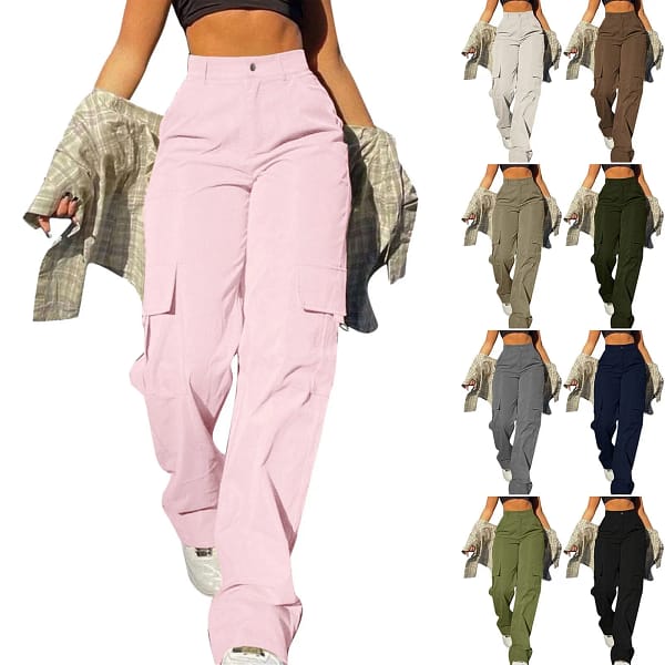 Y2K Cargo Pants Womens High Waisted Straight Leg Trousers Streetwear Harajuku Solid Color Multi-Pocket Sweatpants Pantalones