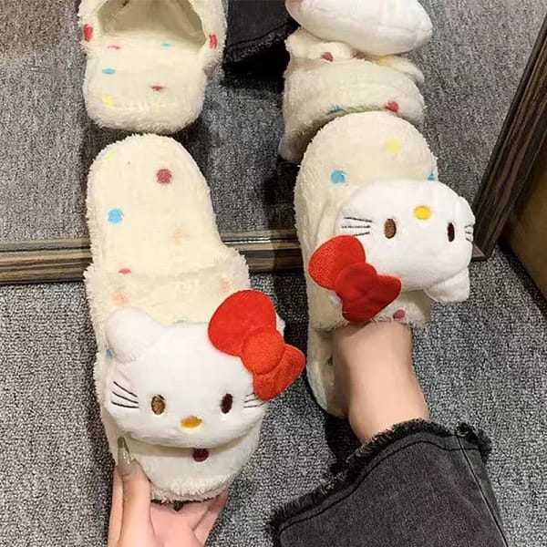 Kawaii Sanrio Hello Kitty Slippers Cute Anime Girl Winter Plush Cotton Shoes Home Indoor Casual Shoes Girl Christmas Gift