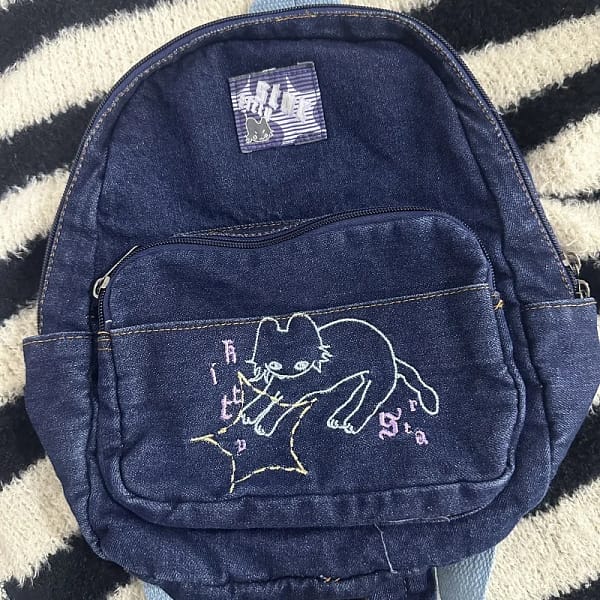 Japanese Simple Kawaii Cat Backpack Denim Handbag Shoulder Bags Large Capacity Student Schoolbag Cute Women Backpack