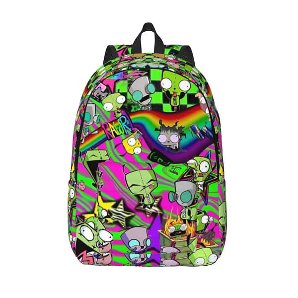 Invader Cartoon Zims Gir Dib Green Dib Robot Backpack Men Women High School Hiking Travel Daypack College Shoulder Bag Durable